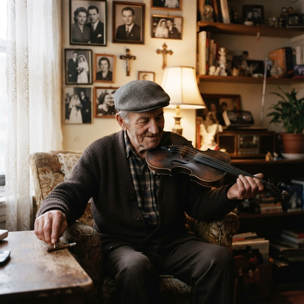 An elderly European immigrant man tuning a worn violin in a modest Bronx apartment