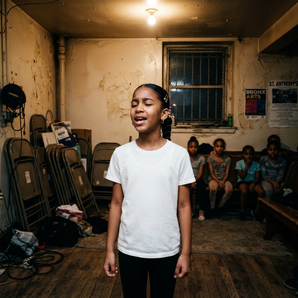 A young Dominican girl singing with her eyes closed in a repurposed Bronx church basement, other kids watching from the shadows