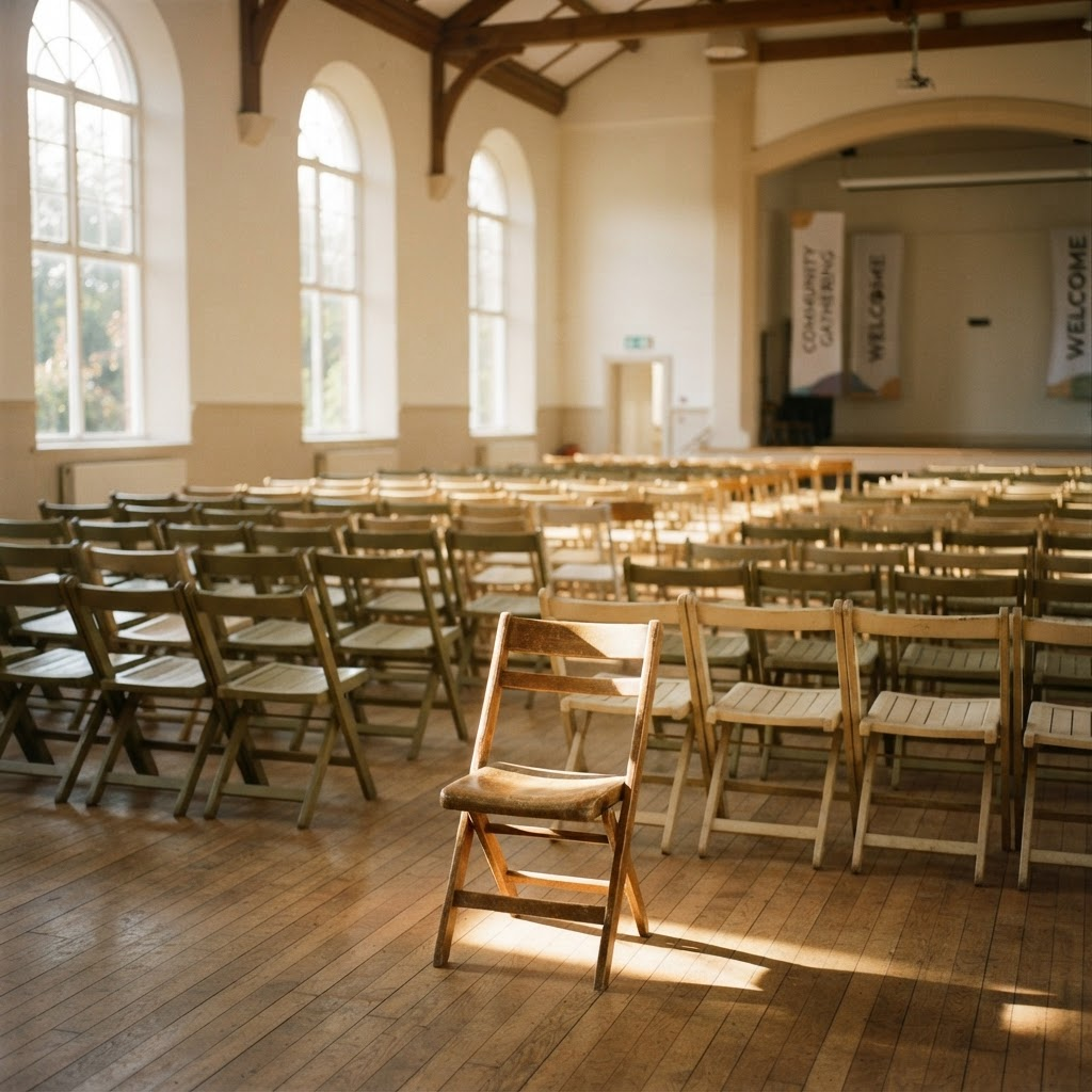 Rows of empty chairs in a bright hall, waiting to be filled