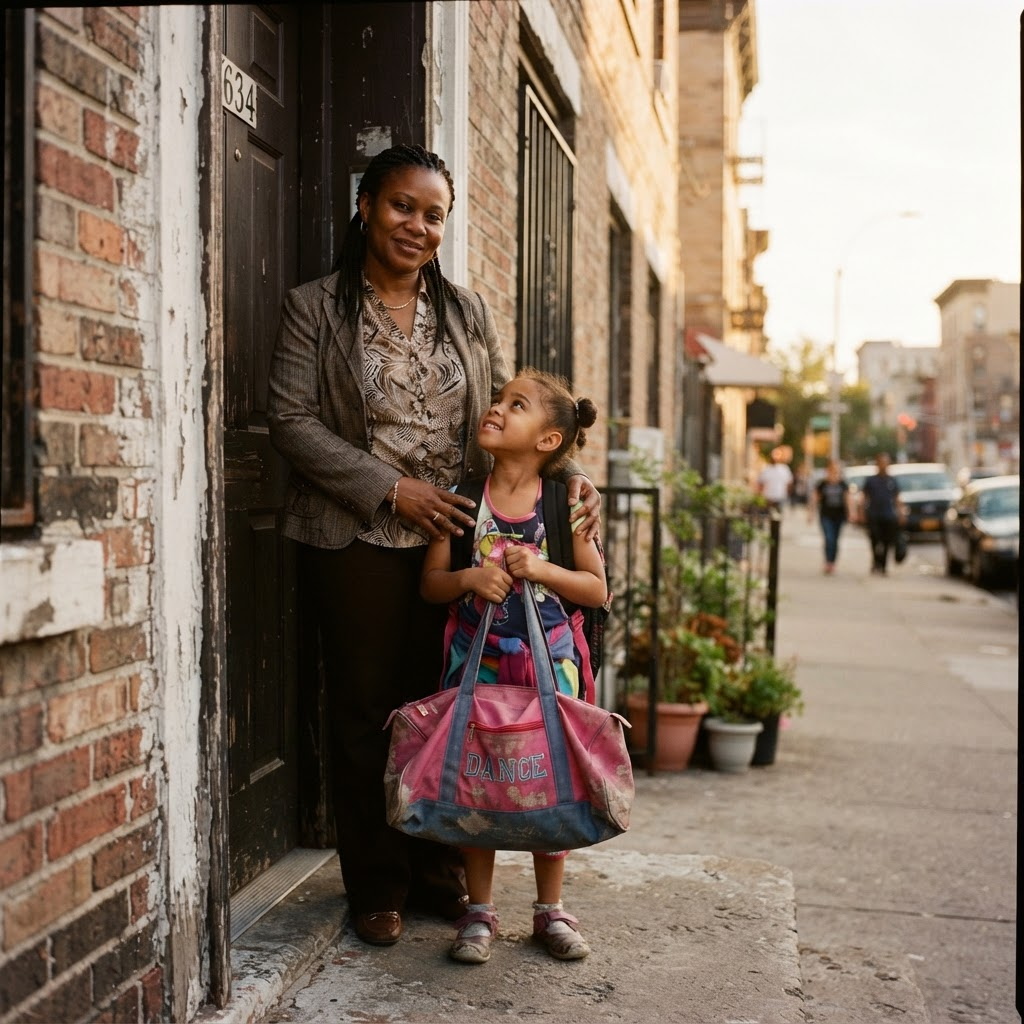 A Northeast Bronx mother stands in a doorway with her daughter, who holds a dance bag